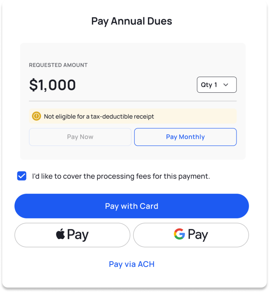 payors can pay dues or other payments flexibly with installment payments, google pay, apple pay, ach
